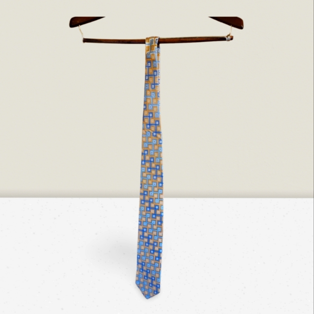 Michael Kors 100%  Silk Tie Yellow, White, And  Blue Geometric 3” Wide 58” Long